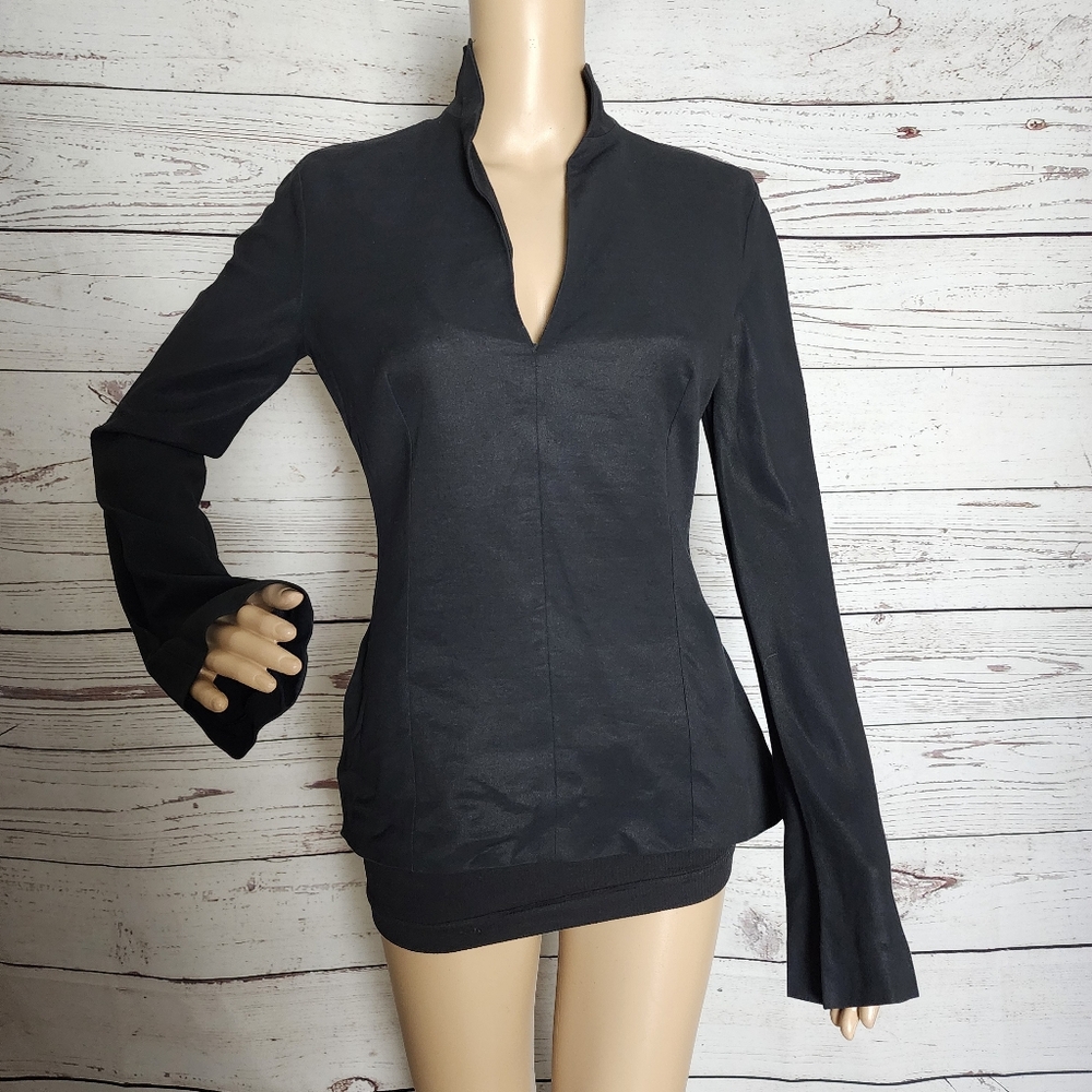 Patrizia Pepe Black Silk-Cotton Funnel Neck Blouse - Size 42 (Fits like XS)